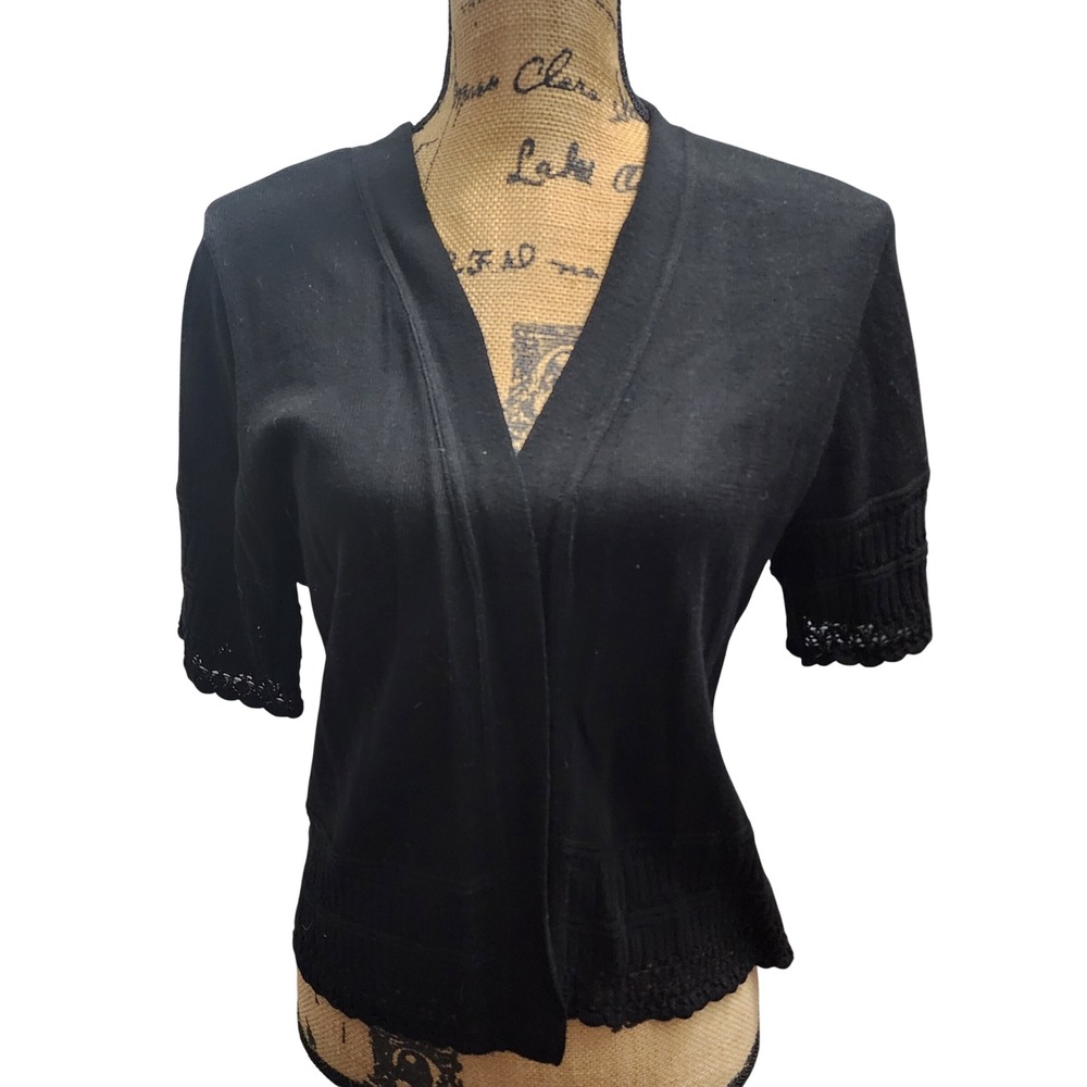Signature by Robbie Bee Black Cropped Cardigan Womens LG Lace‎ Trim Short Sleeve
